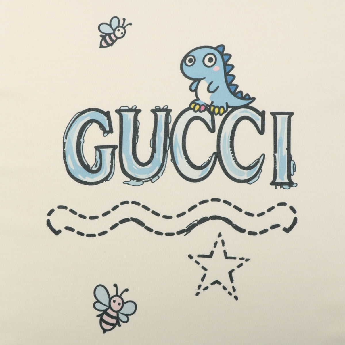 Gucci Whimsical Dinosaur Bee Illustrated Wordmark Print Short Sleeve Tee – Ecru
