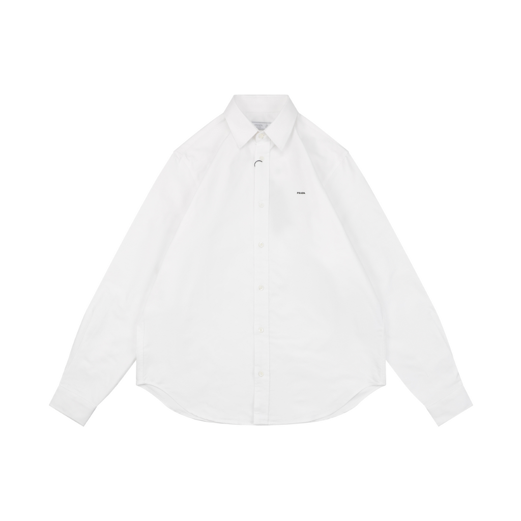 Prada PRADA Chenille Wordmark Badge Embroidered Long Sleeve Shirt – White