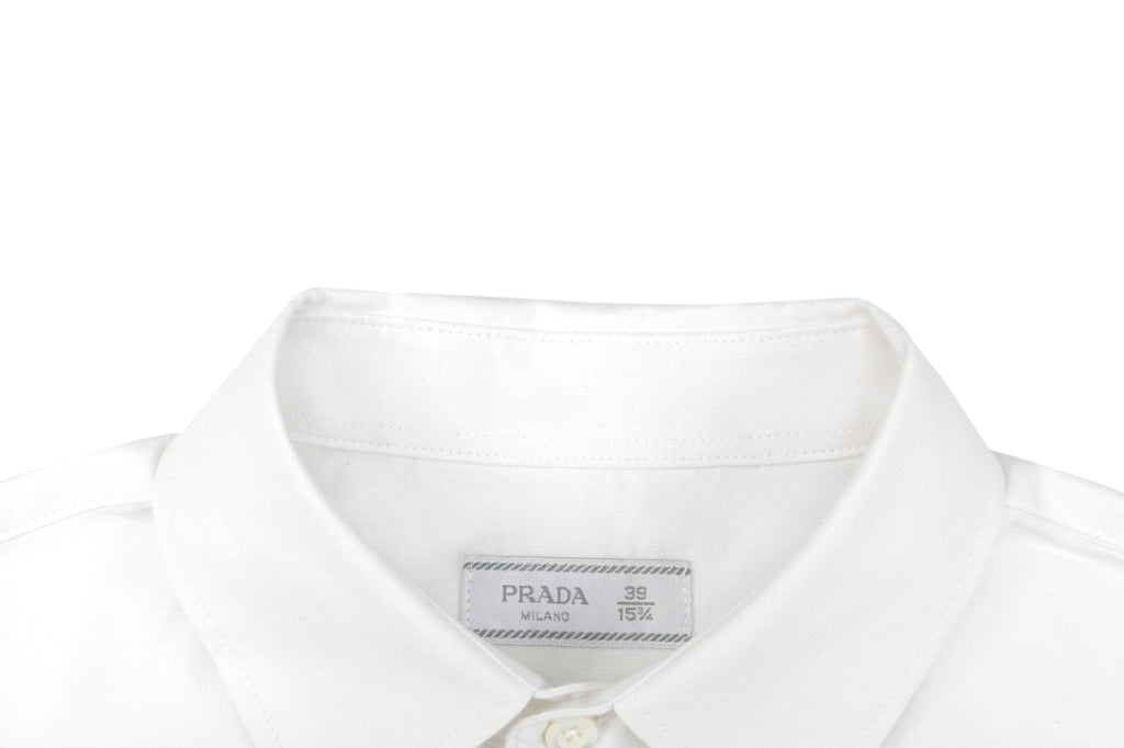 Prada PRADA Chenille Wordmark Badge Embroidered Long Sleeve Shirt – White
