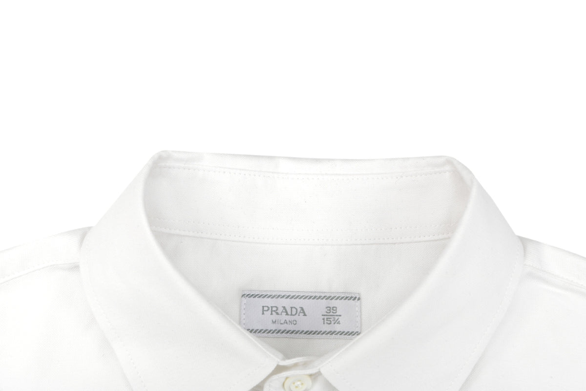 Prada PRADA Chenille Wordmark Badge Embroidered Long Sleeve Shirt – White