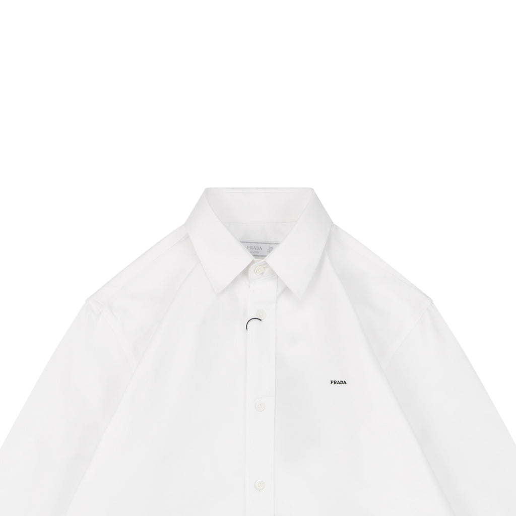 Prada PRADA Chenille Wordmark Badge Embroidered Long Sleeve Shirt – White