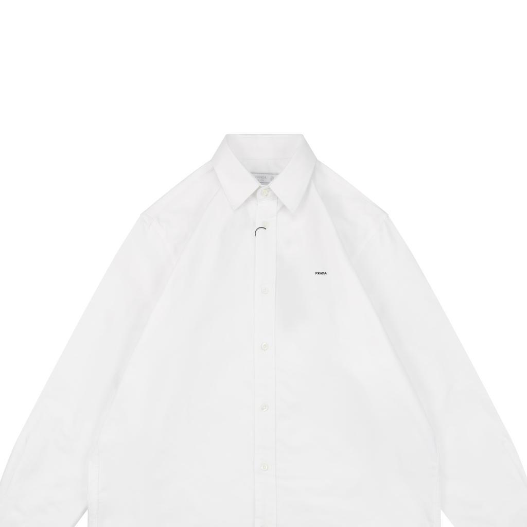 Prada PRADA Chenille Wordmark Badge Embroidered Long Sleeve Shirt – White