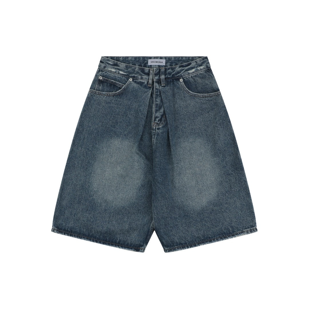Balenciaga Grey Label Vintage Wash Whisker Fade Denim Shorts – Mid Blue