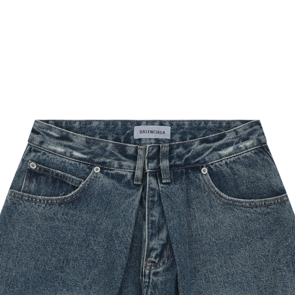 Balenciaga Grey Label Vintage Wash Whisker Fade Denim Shorts – Mid Blue