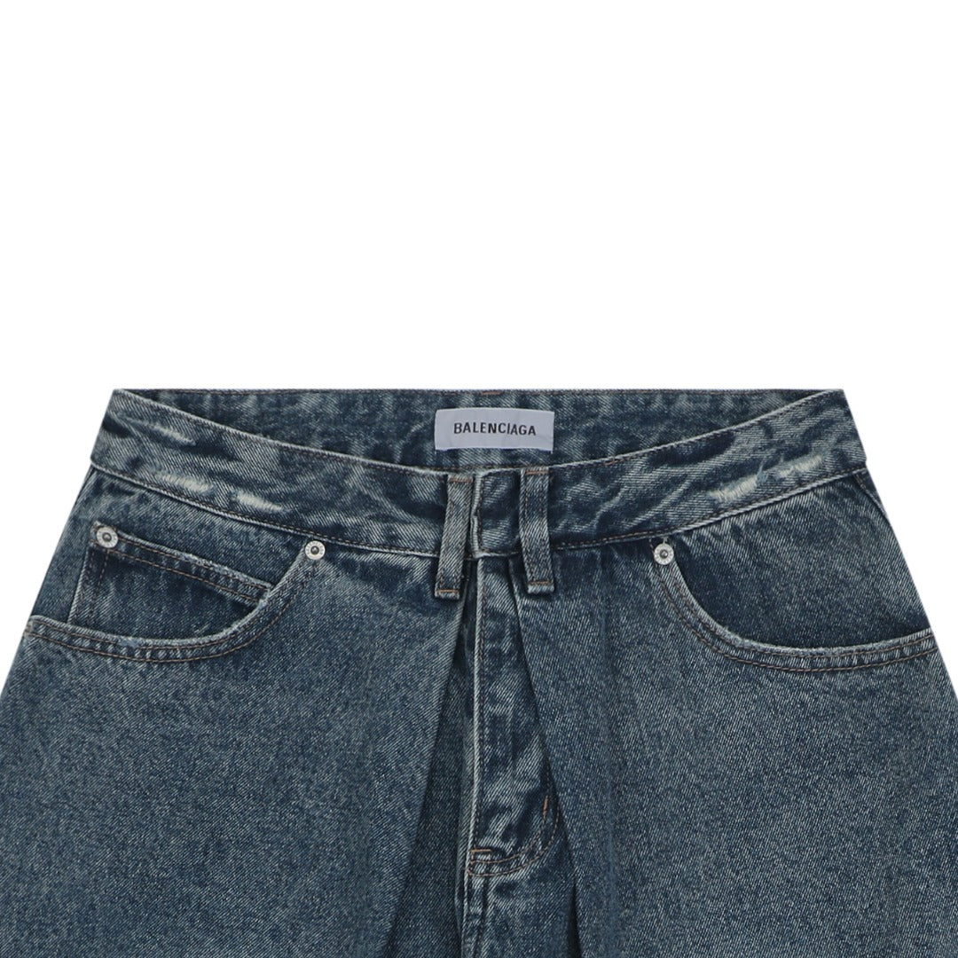 Balenciaga Grey Label Vintage Wash Whisker Fade Denim Shorts – Mid Blue