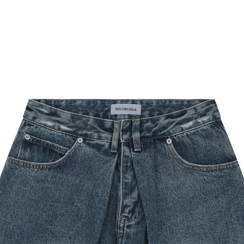 Balenciaga Grey Label Vintage Wash Whisker Fade Denim Shorts – Mid Blue