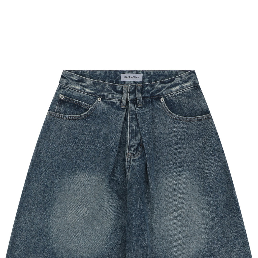 Balenciaga Grey Label Vintage Wash Whisker Fade Denim Shorts – Mid Blue