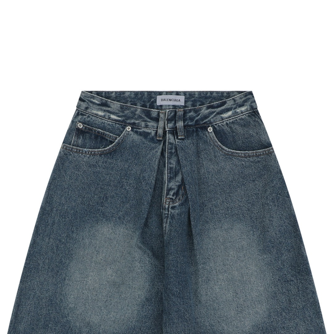 Balenciaga Grey Label Vintage Wash Whisker Fade Denim Shorts – Mid Blue