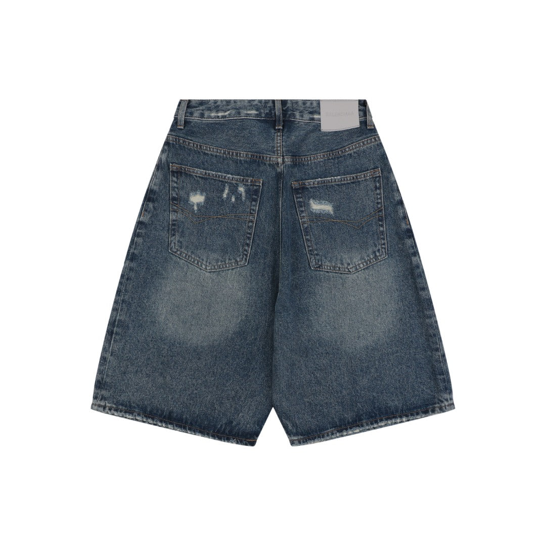 Balenciaga Grey Label Vintage Wash Whisker Fade Denim Shorts – Mid Blue