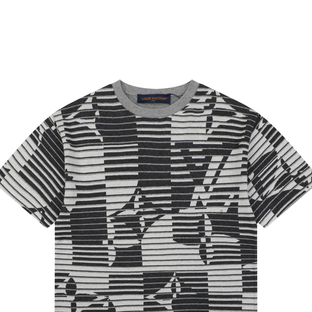 Louis Vuitton Macro LV Monogram Horizontal Stripe Jacquard Short Sleeve Tee – Black Grey