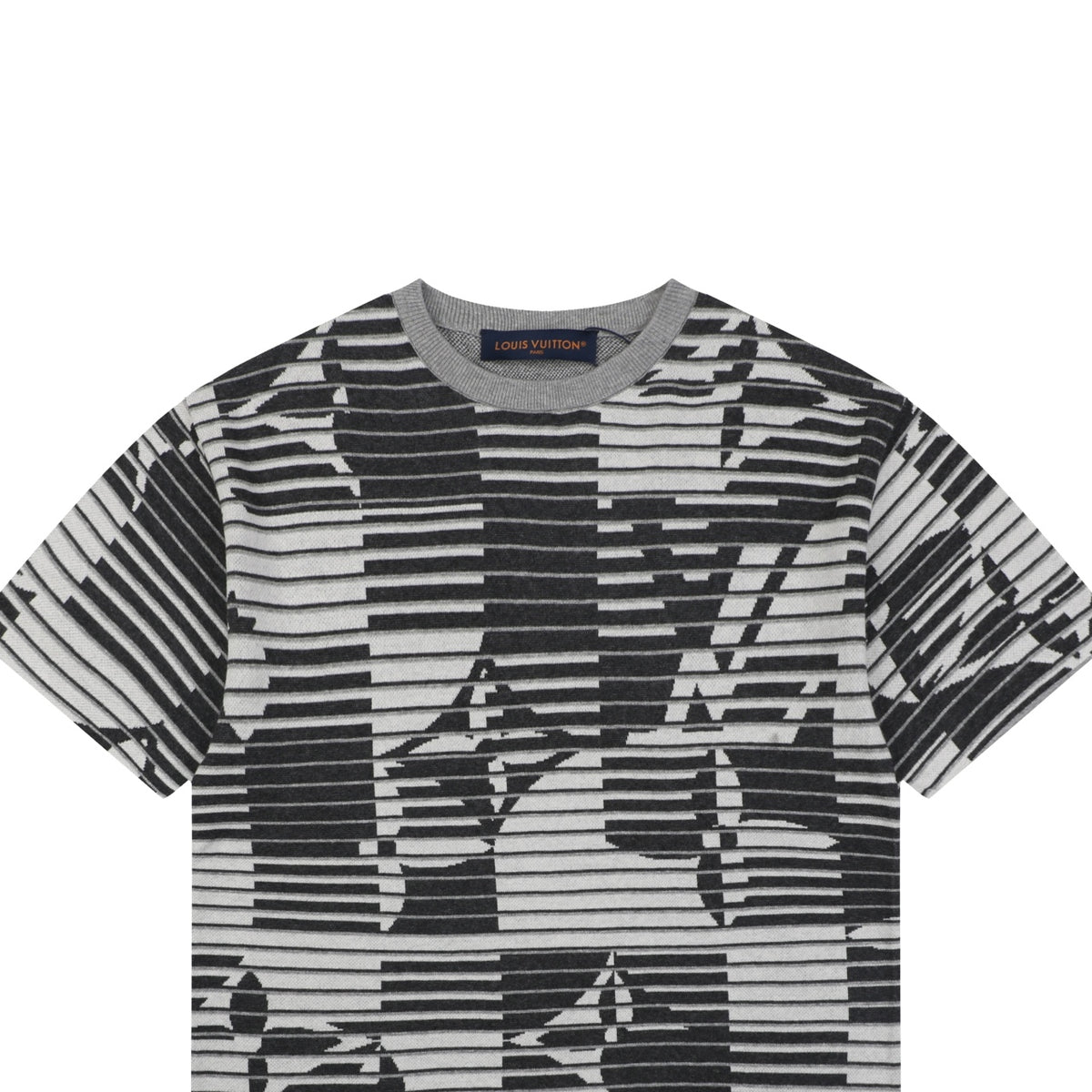 Louis Vuitton Macro LV Monogram Horizontal Stripe Jacquard Short Sleeve Tee – Black Grey