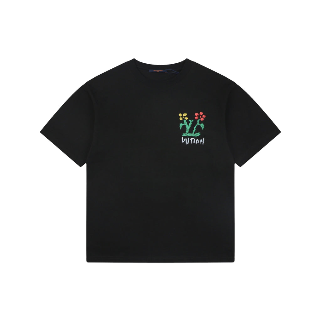 Louis Vuitton Graffiti Floral Vuitton Wordmark Print Short Sleeve Tee – Black