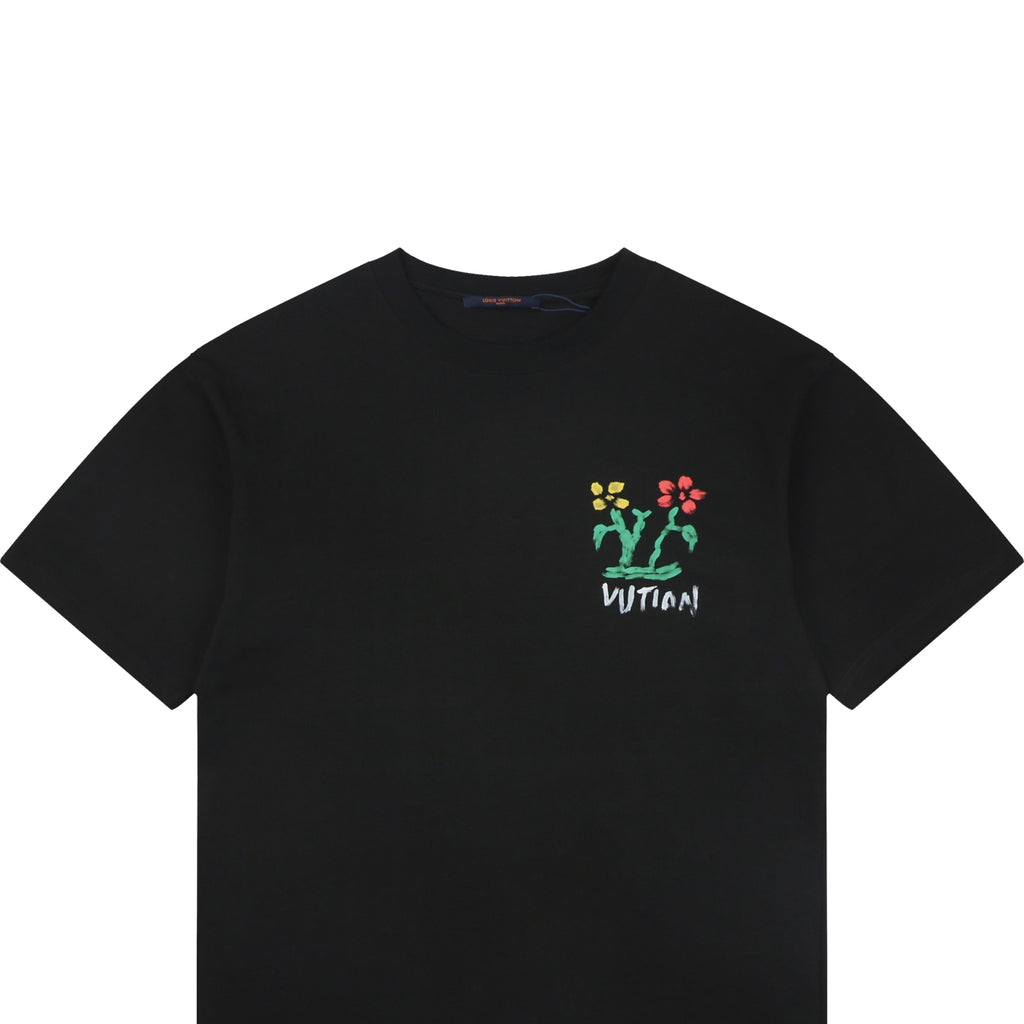 Louis Vuitton Graffiti Floral Vuitton Wordmark Print Short Sleeve Tee – Black