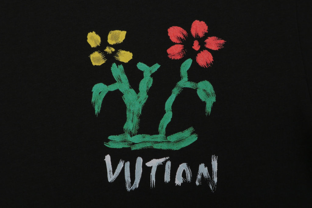 Louis Vuitton Graffiti Floral Vuitton Wordmark Print Short Sleeve Tee – Black