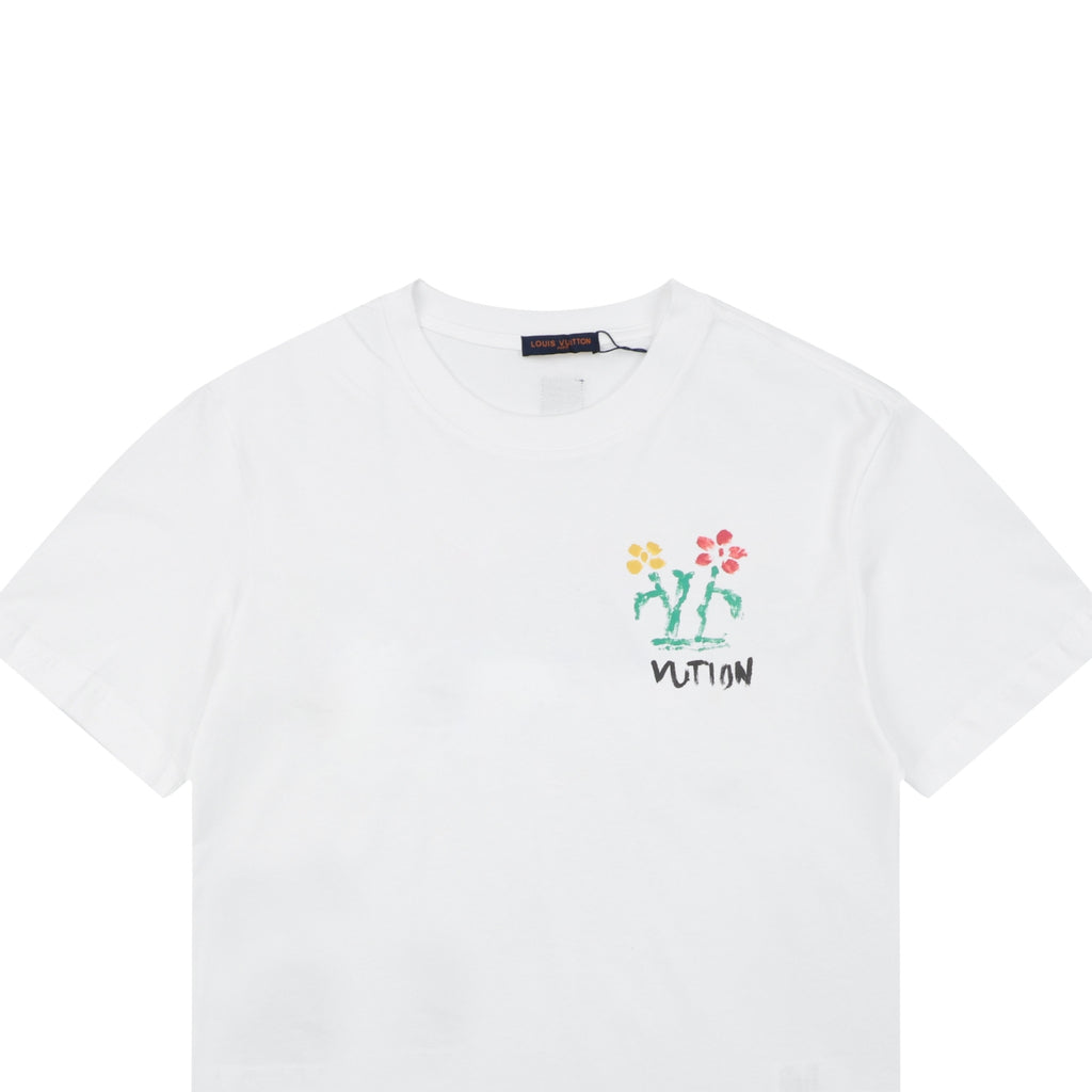 Louis Vuitton Floral Crayon Graffiti LV Wordmark Print Short Sleeve Tee – White
