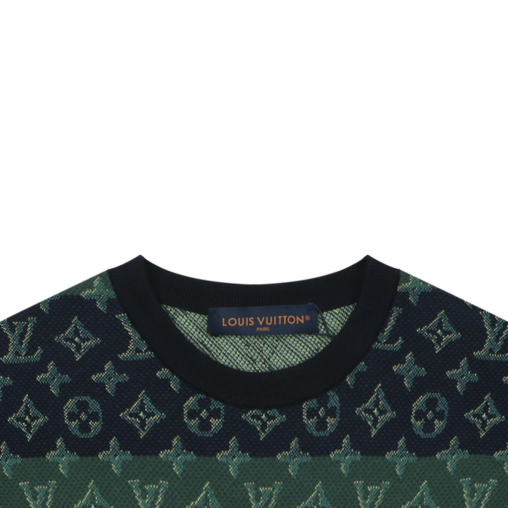 Louis Vuitton LV Monogram Dual-Tone Horizontal Band Jacquard Short Sleeve Tee – Forest Green / Navy