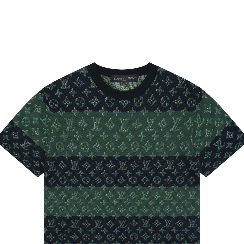 Louis Vuitton LV Monogram Dual-Tone Horizontal Band Jacquard Short Sleeve Tee – Forest Green / Navy