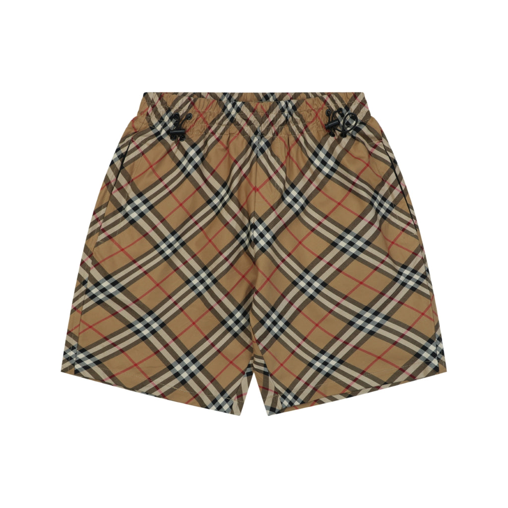 Burberry Diagonal Check Equestrian Knight Embroidered Back Pocket Drawstring Shorts – Camel