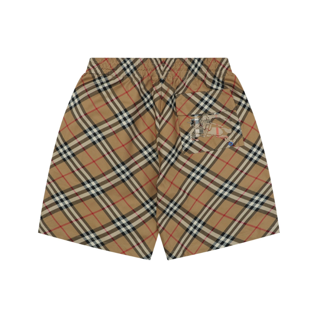 Burberry Diagonal Check Equestrian Knight Embroidered Back Pocket Drawstring Shorts – Camel
