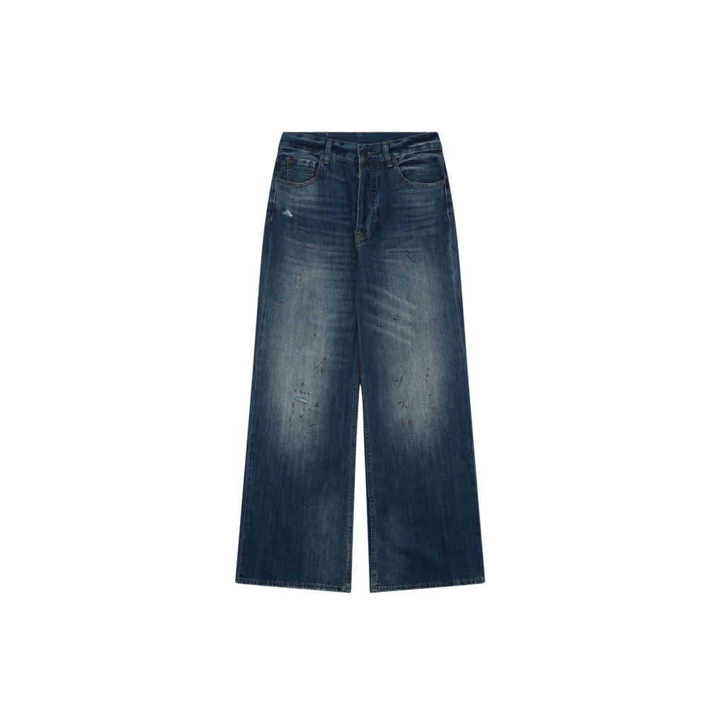 Acne Studios 2021F Ink-Splash Distressed Wide-Leg Jeans – Indigo