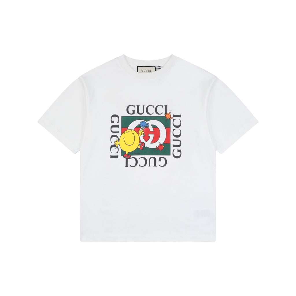Gucci Smiley Balloon Bird GG Medallion Stamp Print Short Sleeve Tee – White