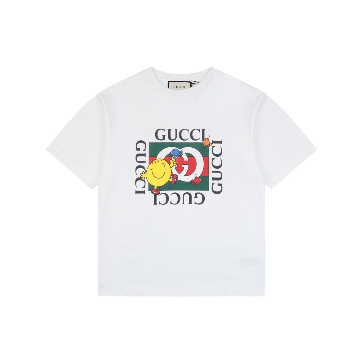 Gucci Smiley Balloon Bird GG Medallion Stamp Print Short Sleeve Tee – White