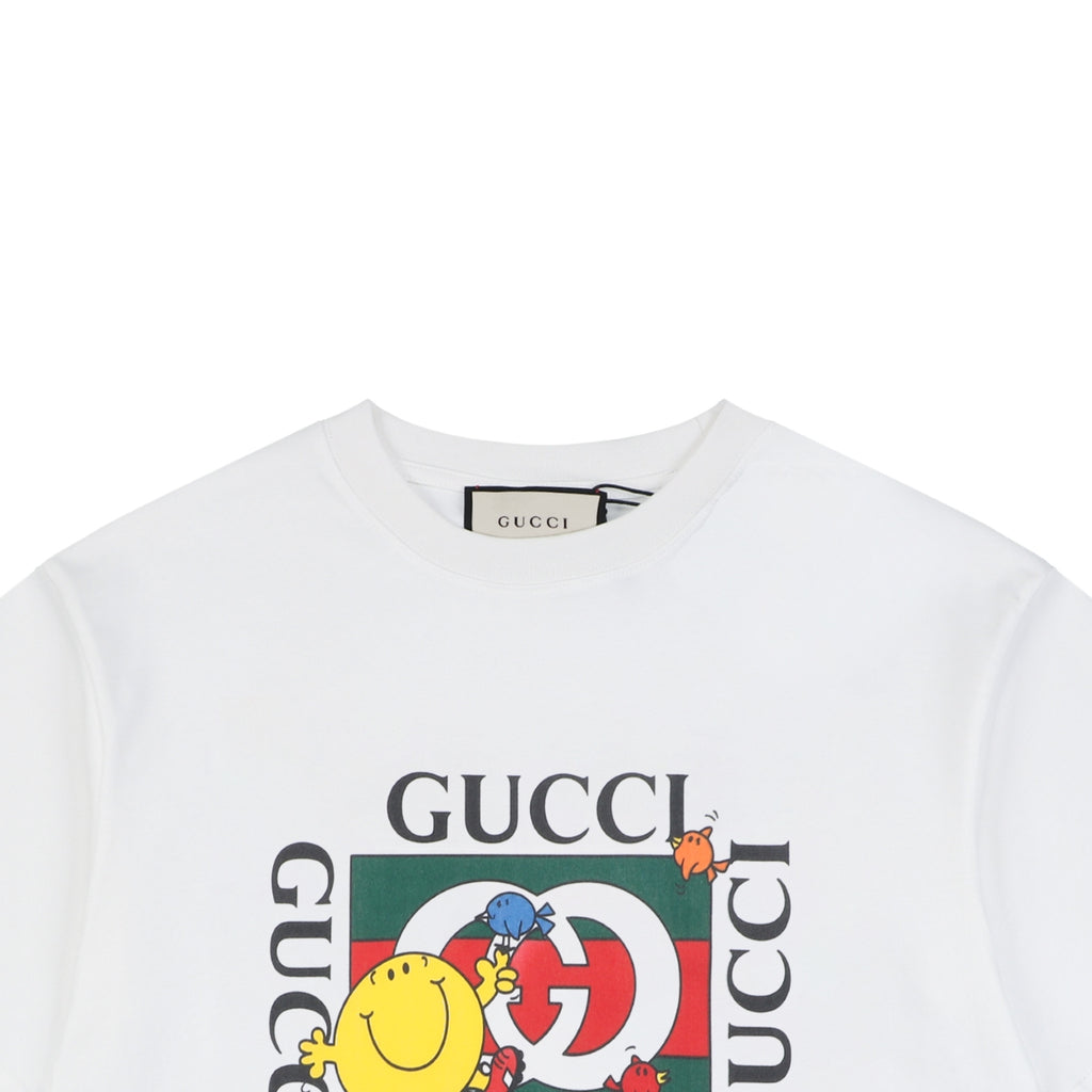 Gucci Smiley Balloon Bird GG Medallion Stamp Print Short Sleeve Tee – White