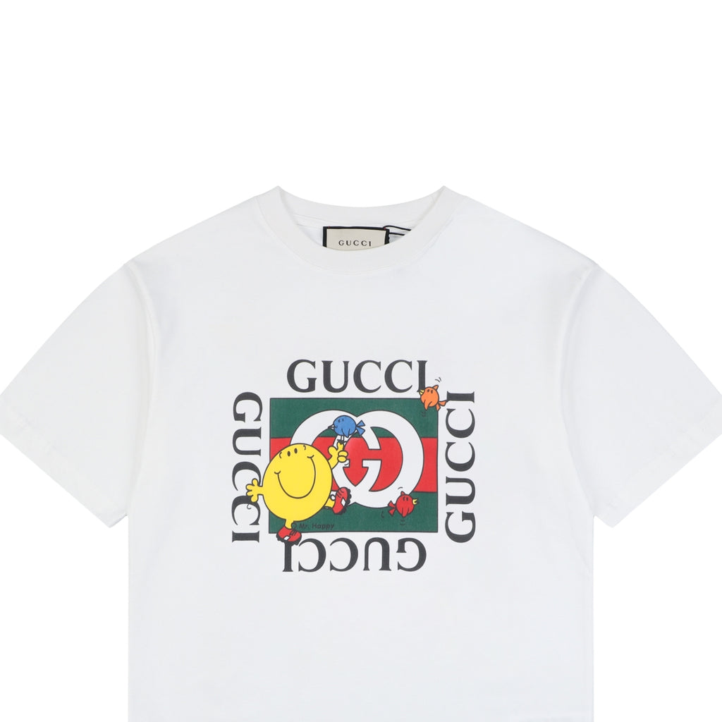 Gucci Smiley Balloon Bird GG Medallion Stamp Print Short Sleeve Tee – White