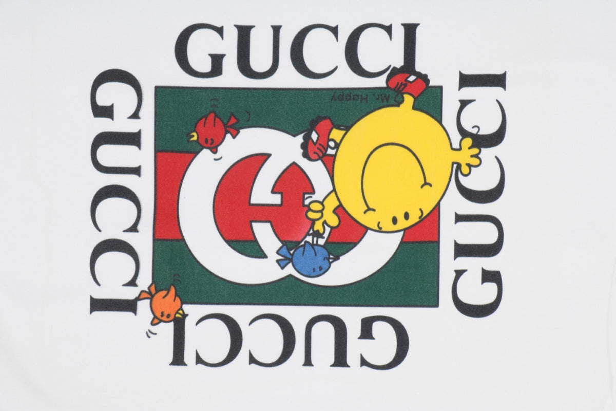 Gucci Smiley Balloon Bird GG Medallion Stamp Print Short Sleeve Tee – White