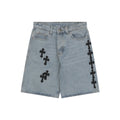 Chrome Hearts Black Leather Cross Patch Light Wash Denim Shorts