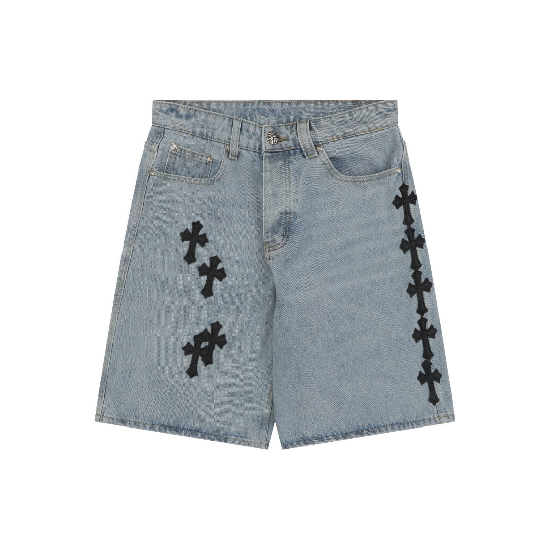 Chrome Hearts Black Leather Cross Patch Light Wash Denim Shorts
