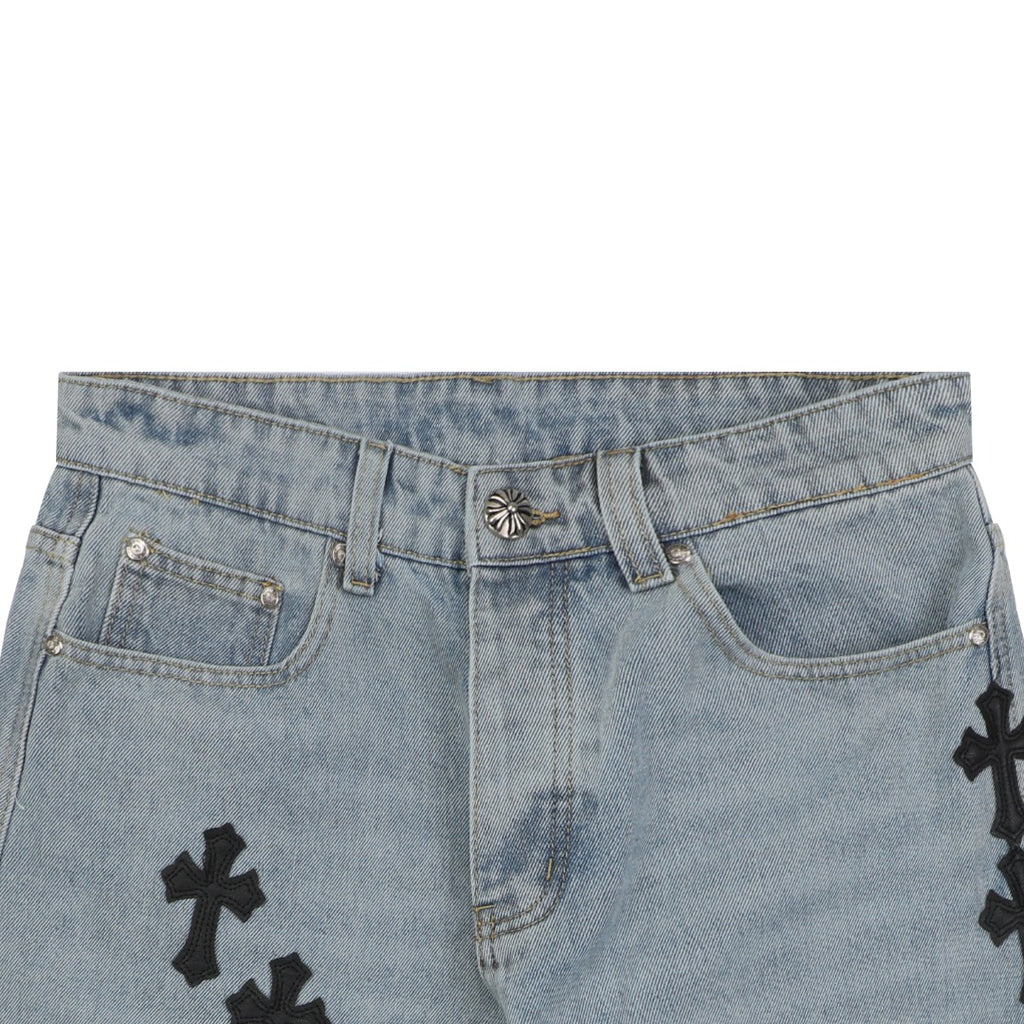 Chrome Hearts Black Leather Cross Patch Light Wash Denim Shorts