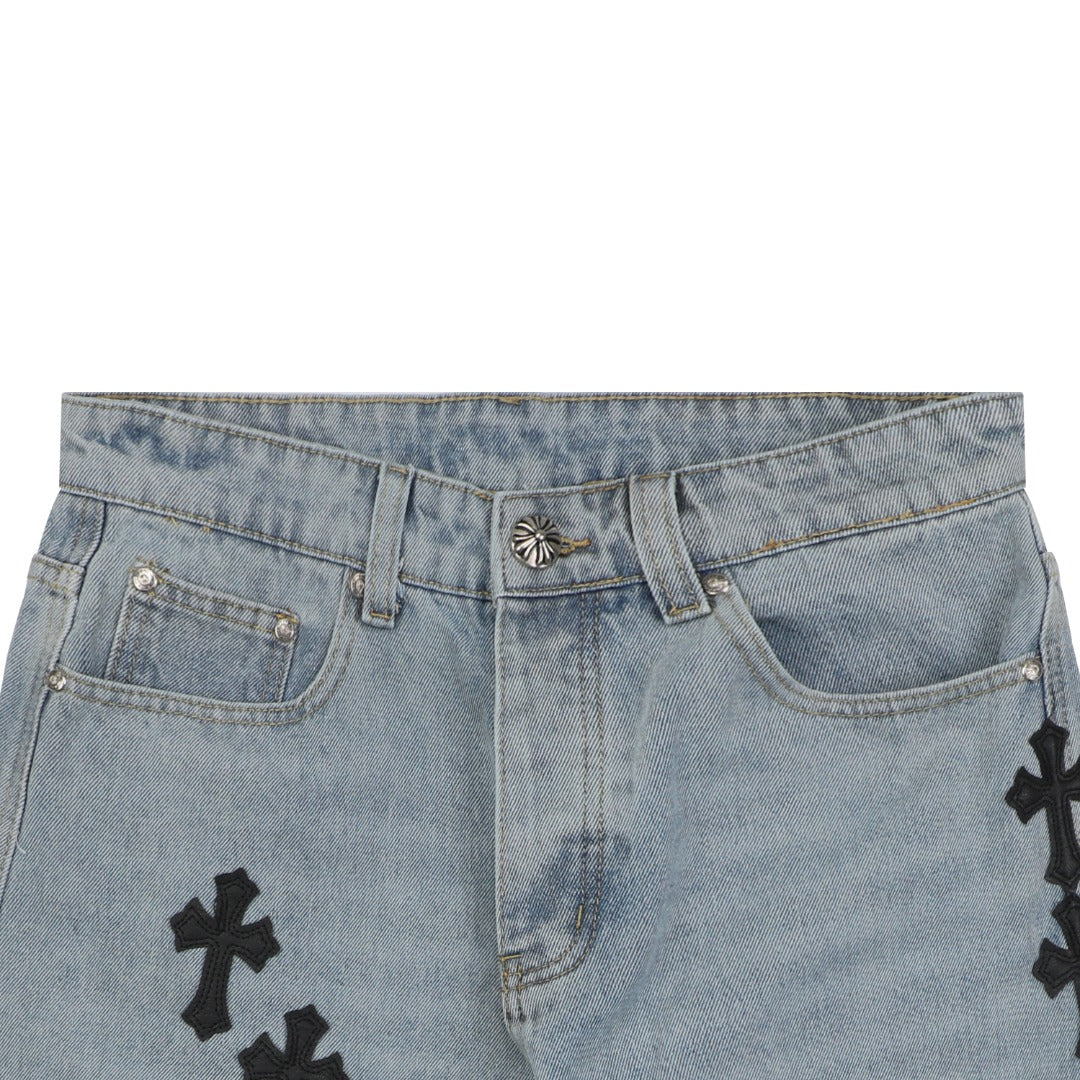 Chrome Hearts Black Leather Cross Patch Light Wash Denim Shorts