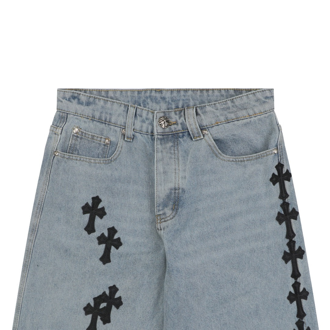 Chrome Hearts Black Leather Cross Patch Light Wash Denim Shorts