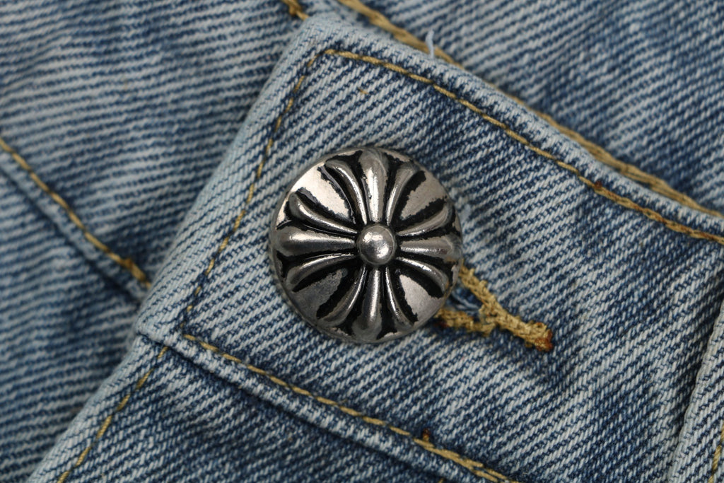 Chrome Hearts Black Leather Cross Patch Light Wash Denim Shorts