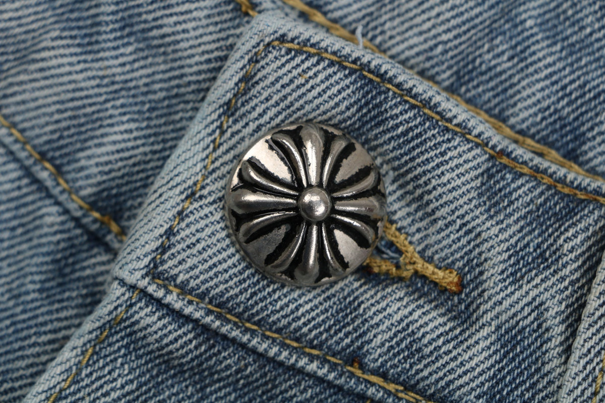 Chrome Hearts Black Leather Cross Patch Light Wash Denim Shorts