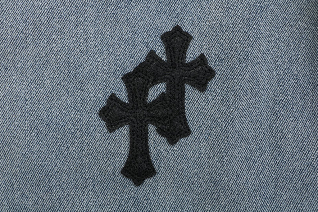 Chrome Hearts Black Leather Cross Patch Light Wash Denim Shorts