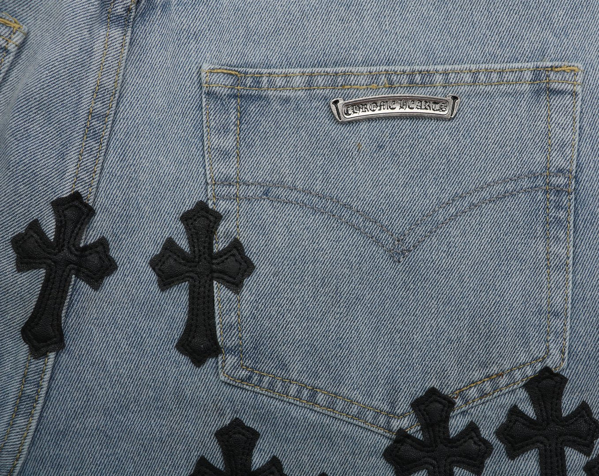 Chrome Hearts Black Leather Cross Patch Light Wash Denim Shorts