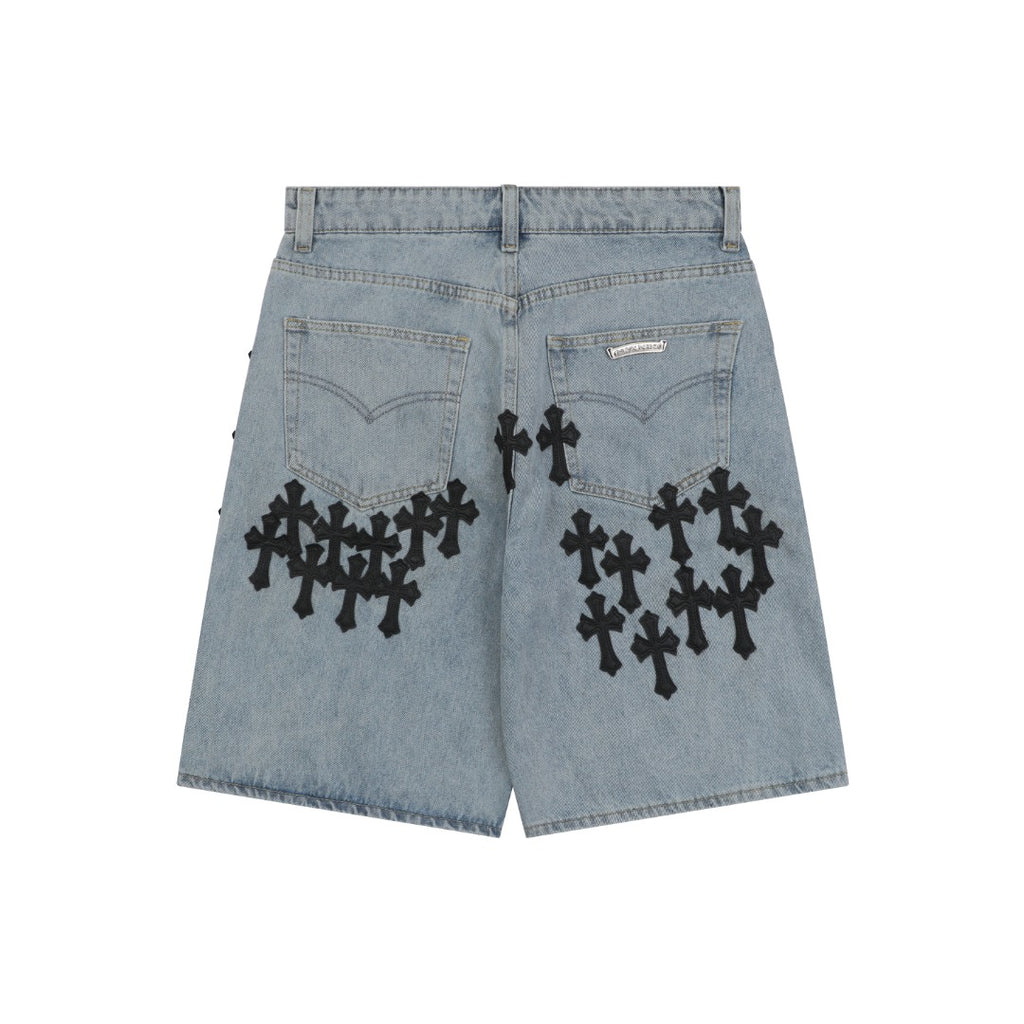 Chrome Hearts Black Leather Cross Patch Light Wash Denim Shorts