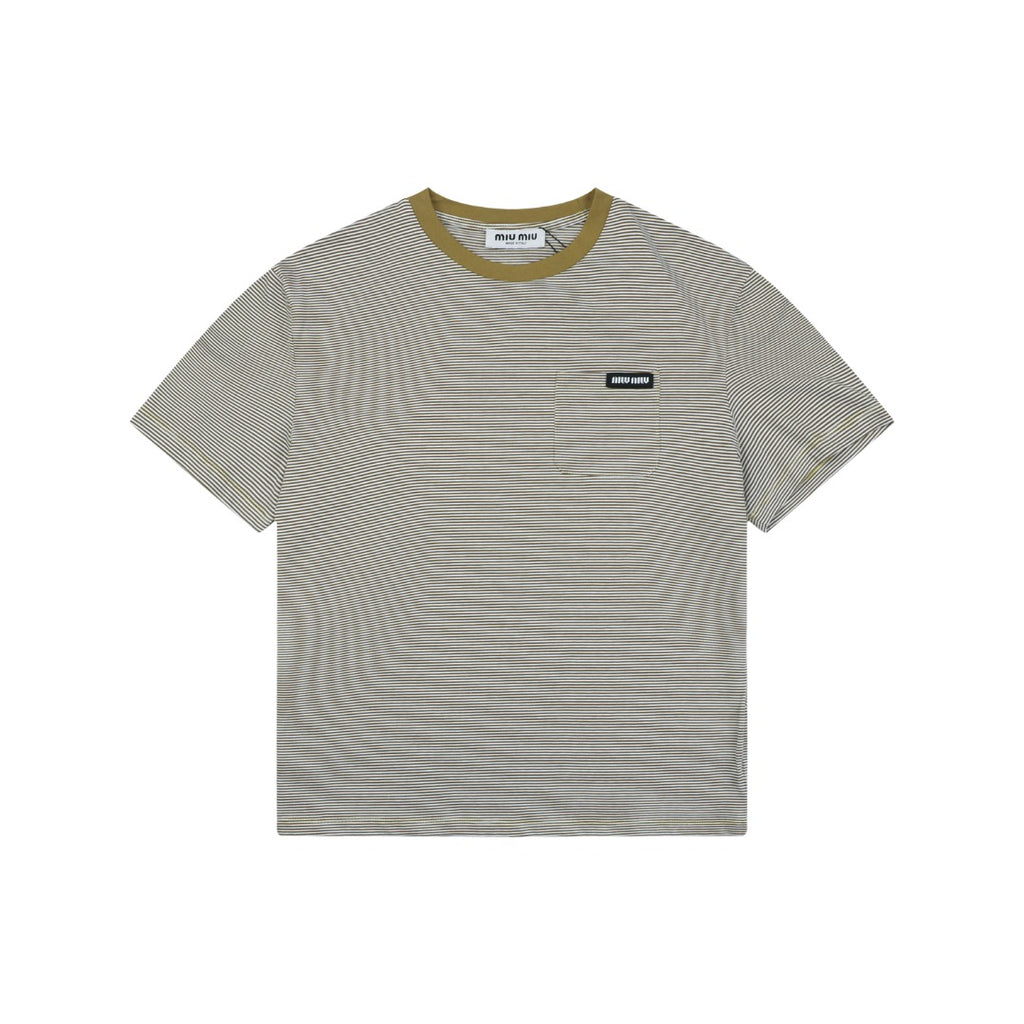 Miu Miu Fine Stripe Mustard Yellow Contrast Collar Short Sleeve Tee