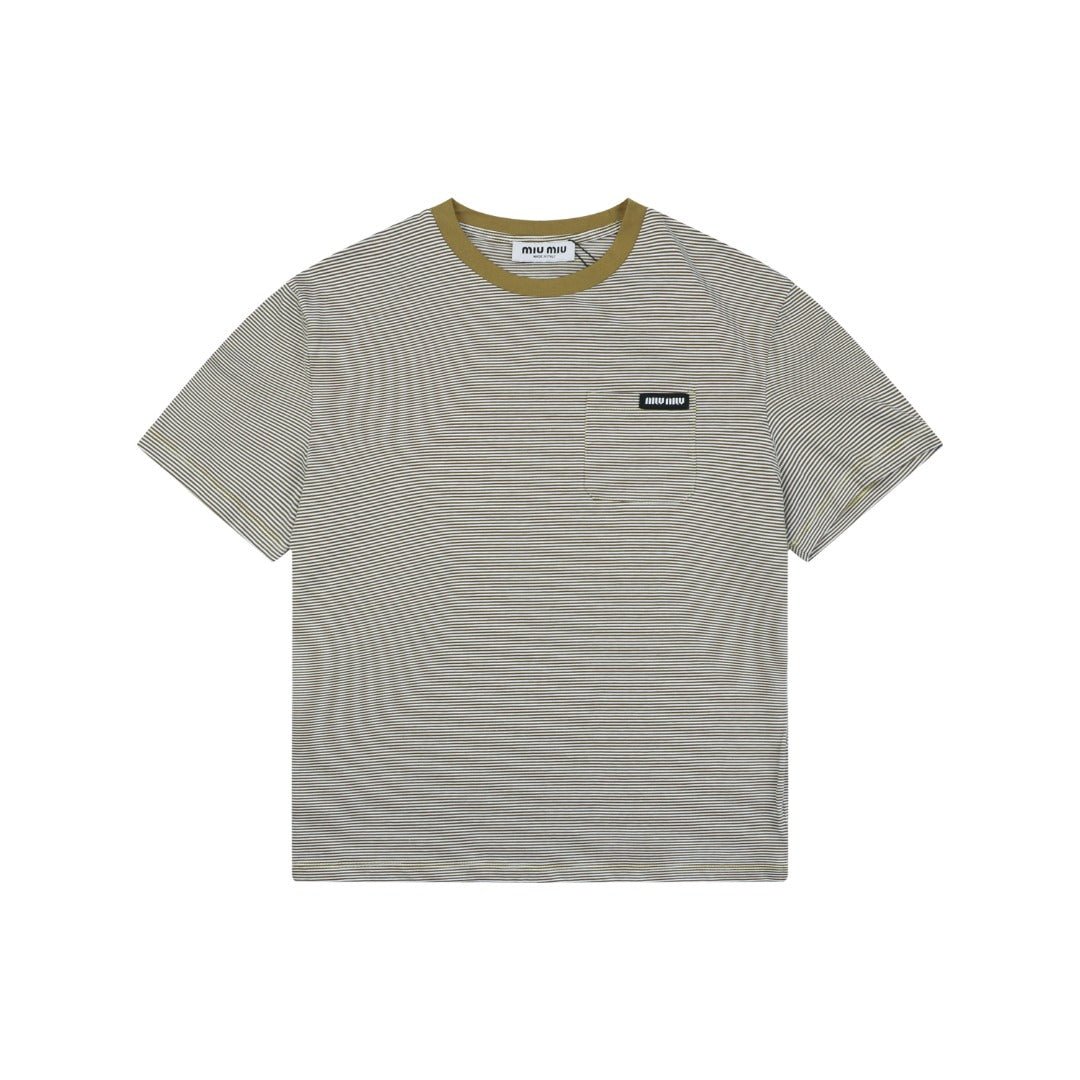 Miu Miu Fine Stripe Mustard Yellow Contrast Collar Short Sleeve Tee