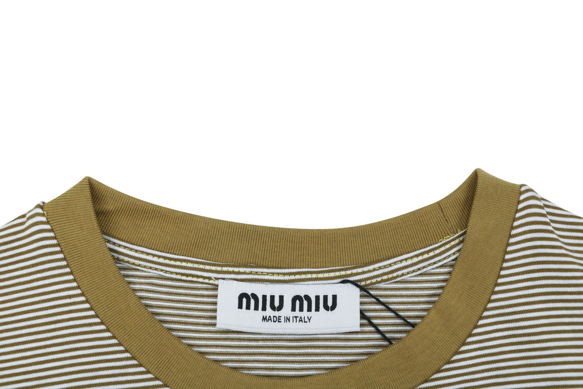 Miu Miu Fine Stripe Mustard Yellow Contrast Collar Short Sleeve Tee