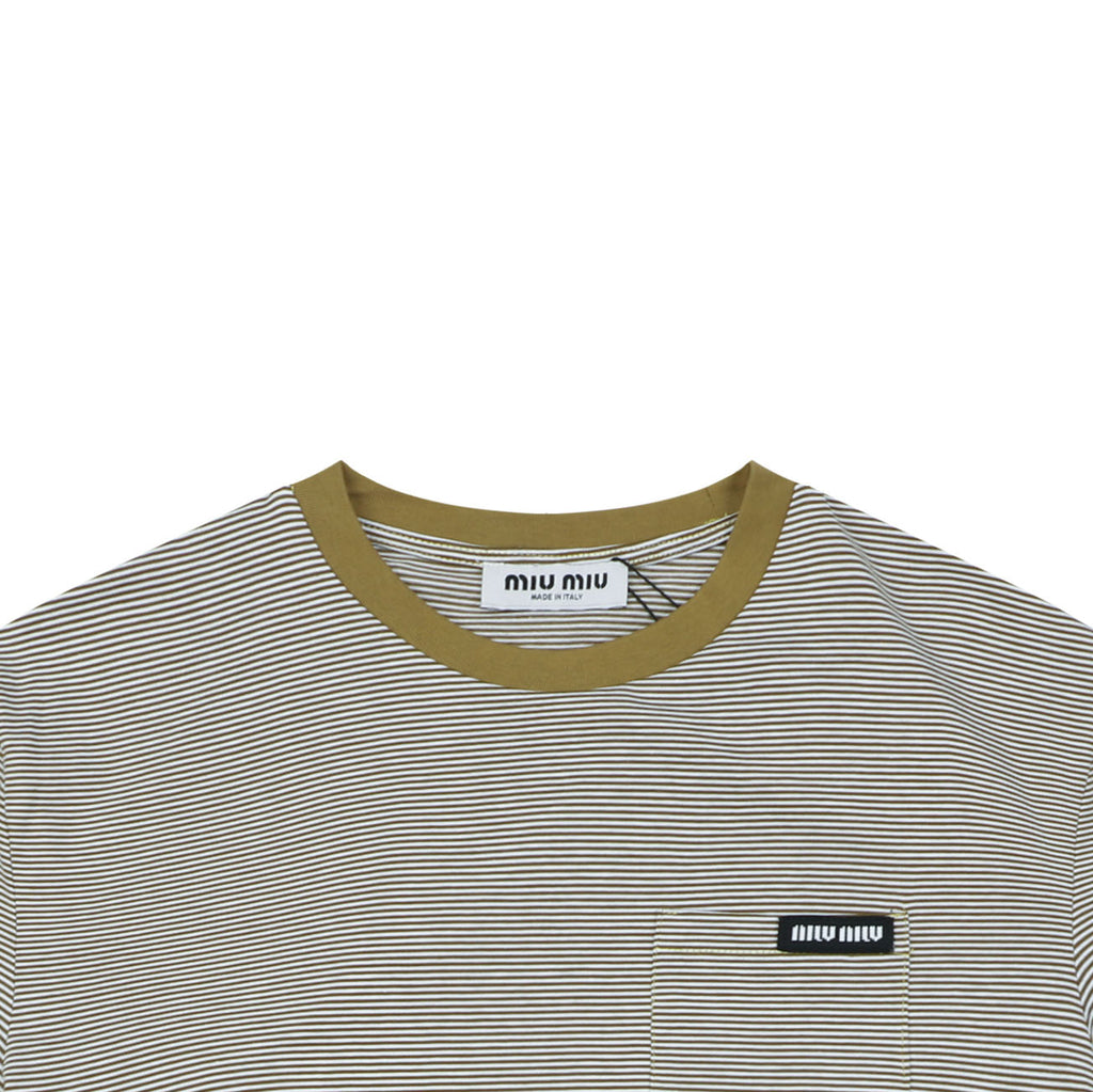 Miu Miu Fine Stripe Mustard Yellow Contrast Collar Short Sleeve Tee