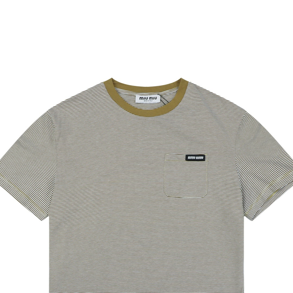 Miu Miu Fine Stripe Mustard Yellow Contrast Collar Short Sleeve Tee