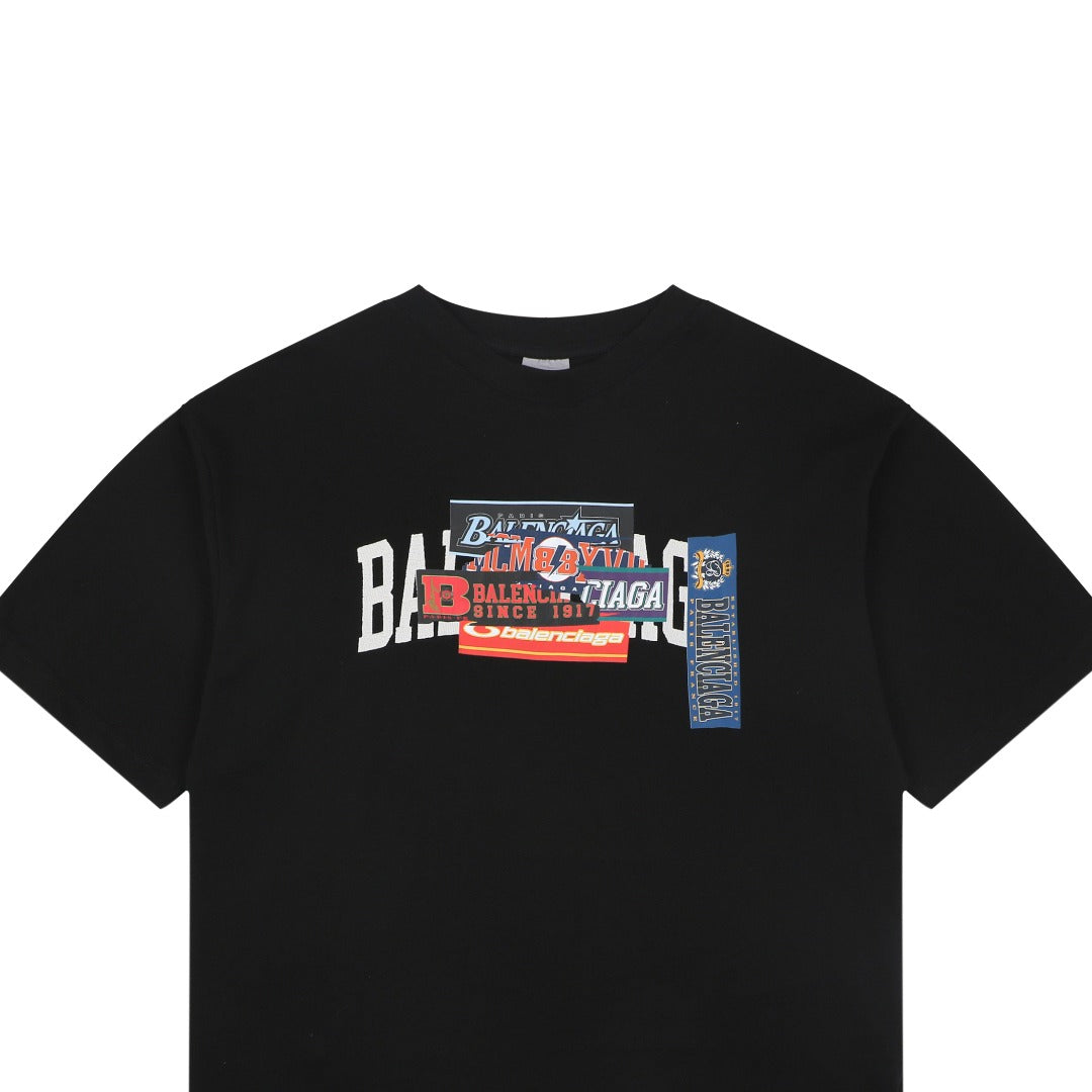 Balenciaga Layered Sticker Label Print Short Sleeve Tee – Black
