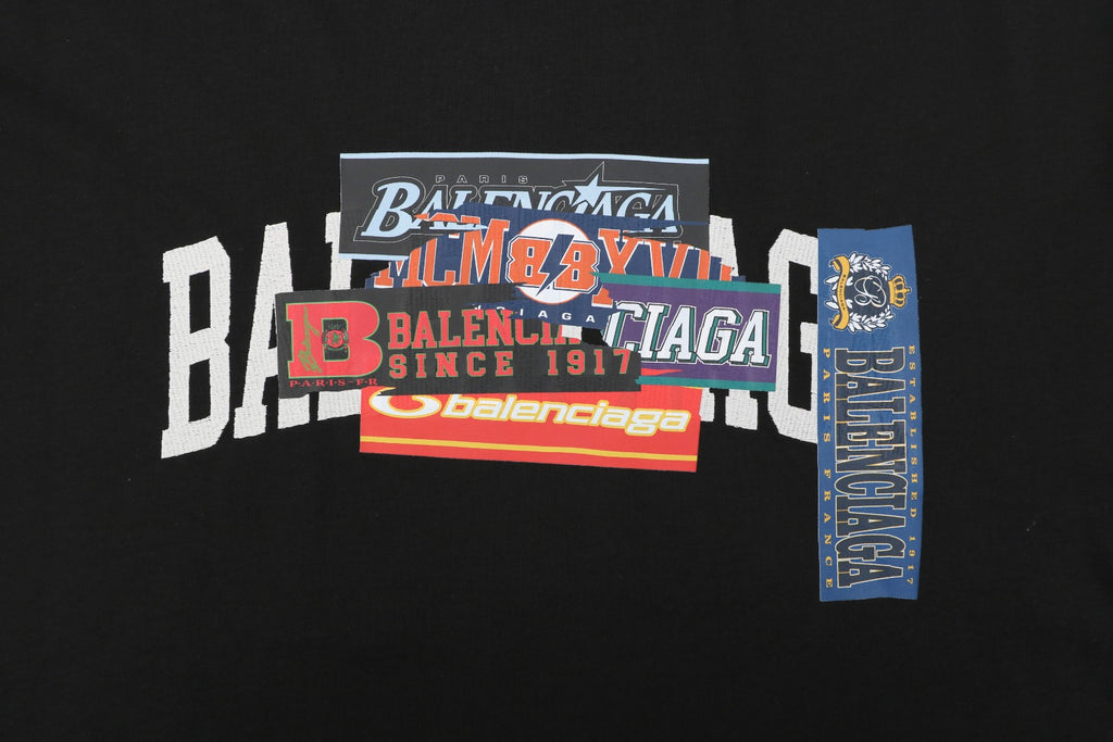 Balenciaga Layered Sticker Label Print Short Sleeve Tee – Black
