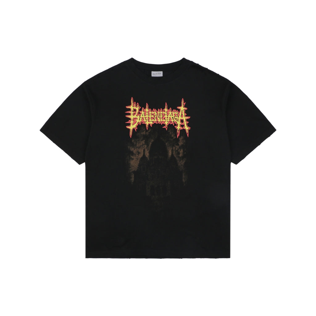Balenciaga Dark Gothic Cathedral Heavy Metal Logo Print Oversized Short Sleeve Tee – Black