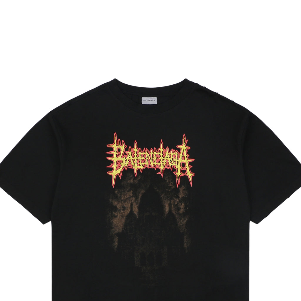 Balenciaga Dark Gothic Cathedral Heavy Metal Logo Print Oversized Short Sleeve Tee – Black