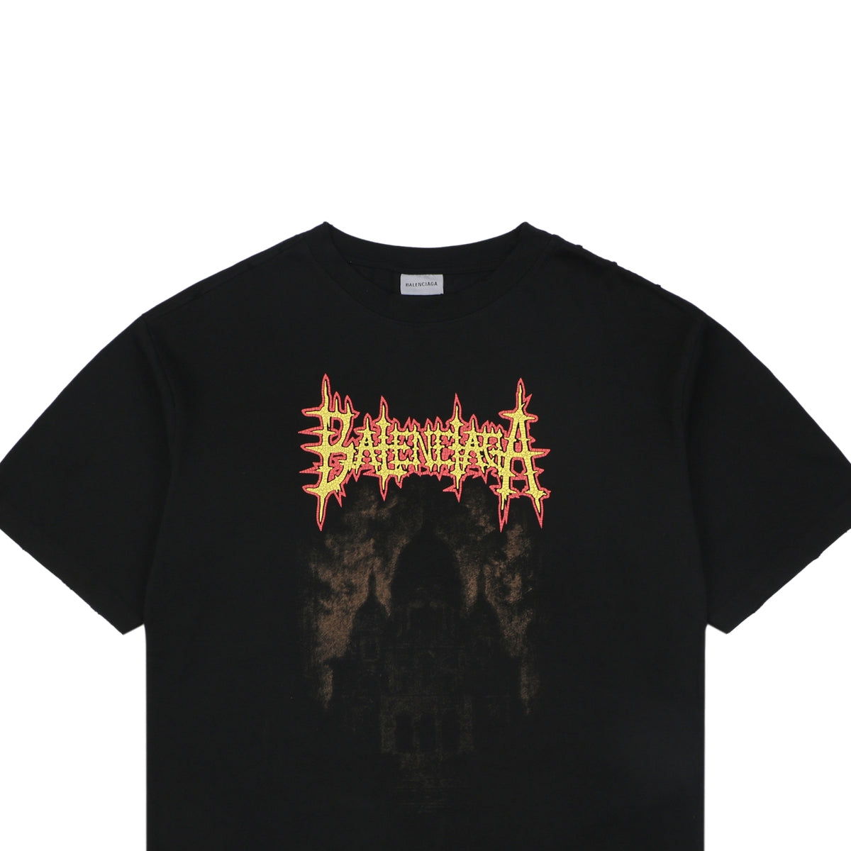 Balenciaga Dark Gothic Cathedral Heavy Metal Logo Print Oversized Short Sleeve Tee – Black