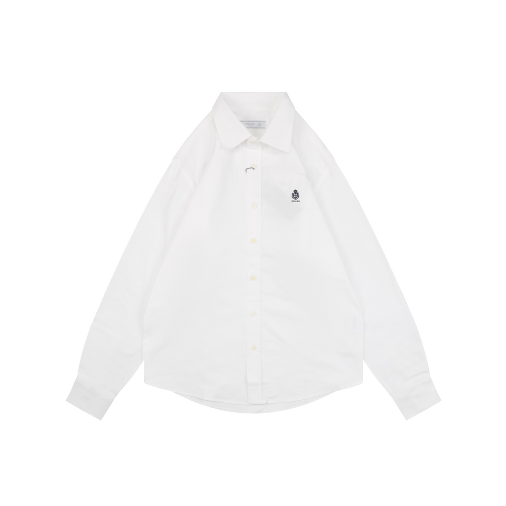 Prada Badge Logo Embroidered Long Sleeve Shirt — White